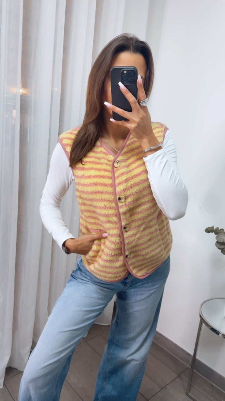 gestreifte TEDDY Weste mit Knöpfen / rosa - soft gelb Art. 13928