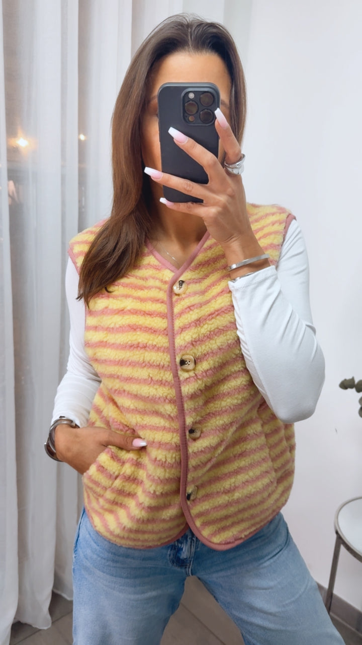 gestreifte TEDDY Weste mit Knöpfen / rosa - soft gelb Art. 13928