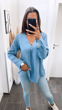Musselin Bluse ohne Knöpfe / taubenblau Art. 6797