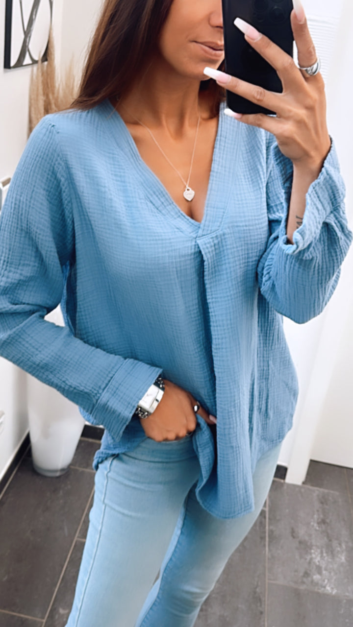 Musselin Bluse ohne Knöpfe / taubenblau Art. 6797