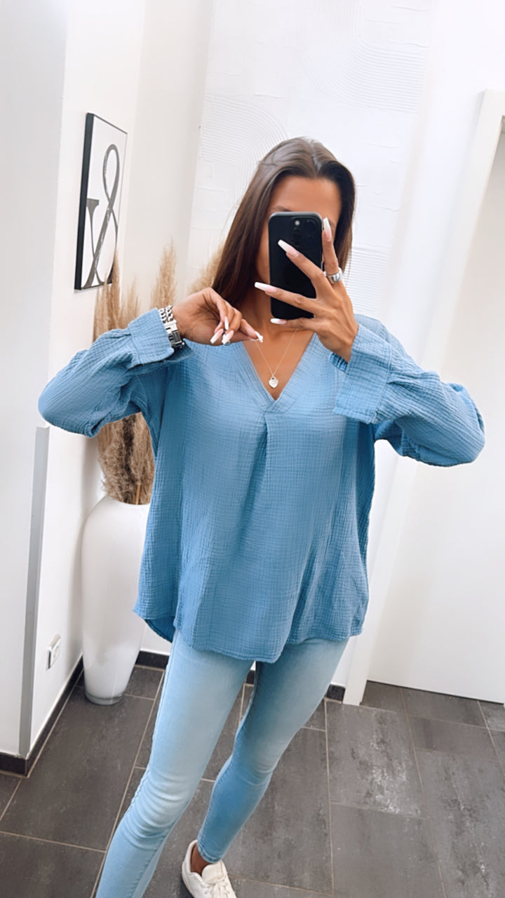 Musselin Bluse ohne Knöpfe / taubenblau Art. 6797