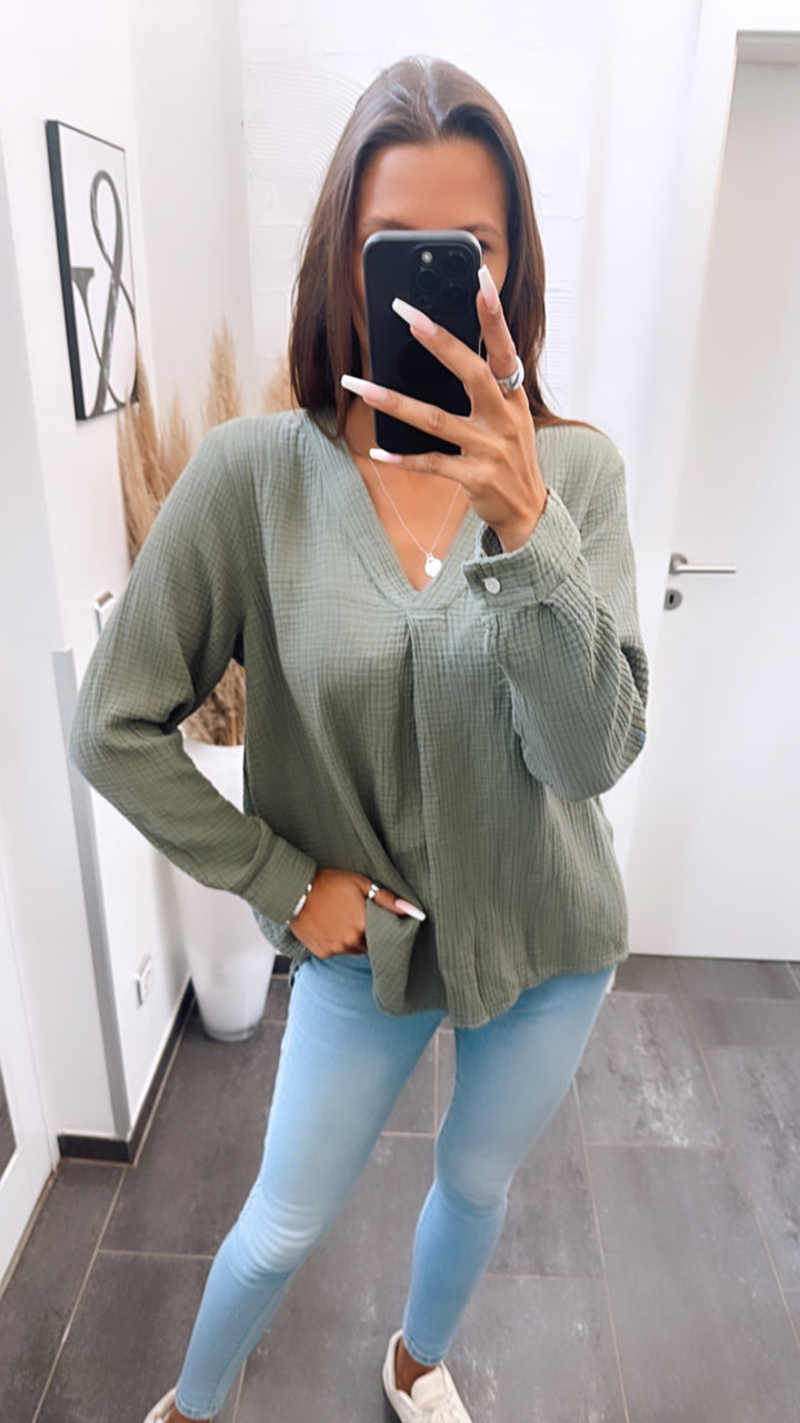 Musselin Bluse ohne Knöpfe / khaki Art. 6796