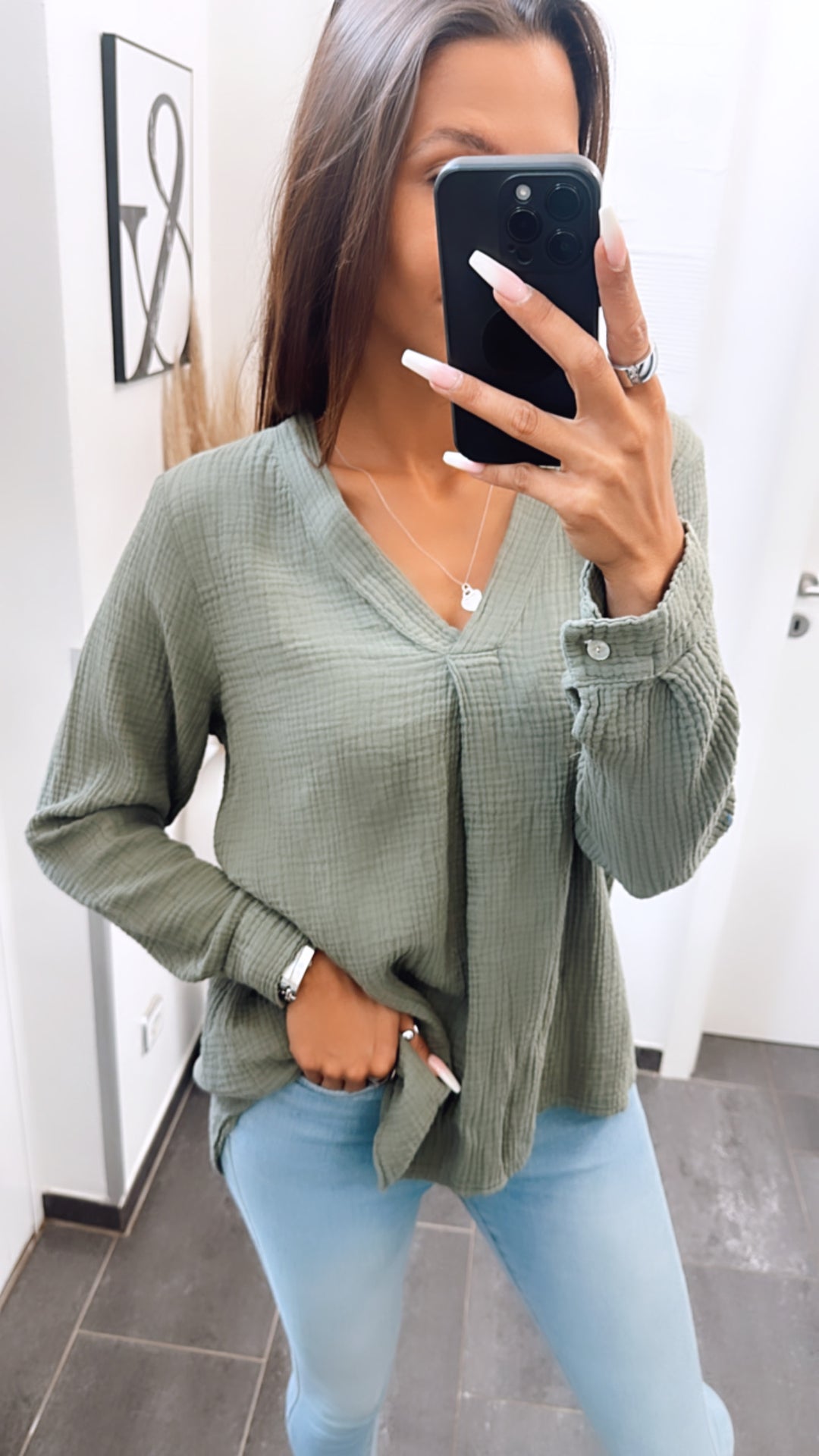 Musselin Bluse ohne Knöpfe / khaki Art. 6796