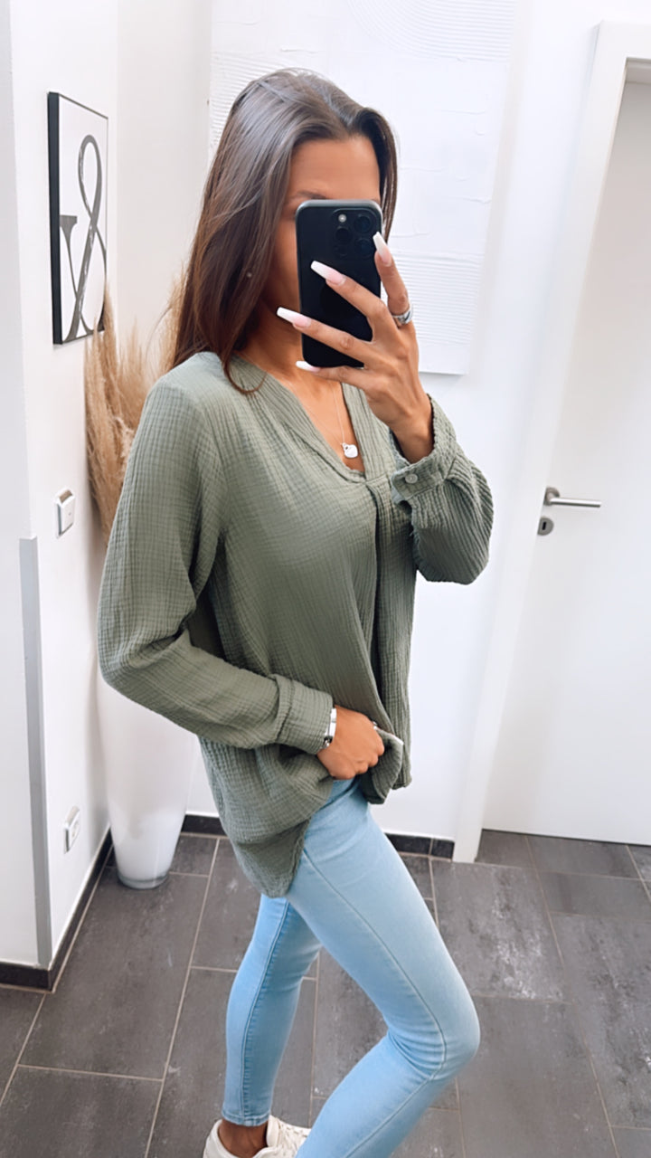 Musselin Bluse ohne Knöpfe / khaki Art. 6796