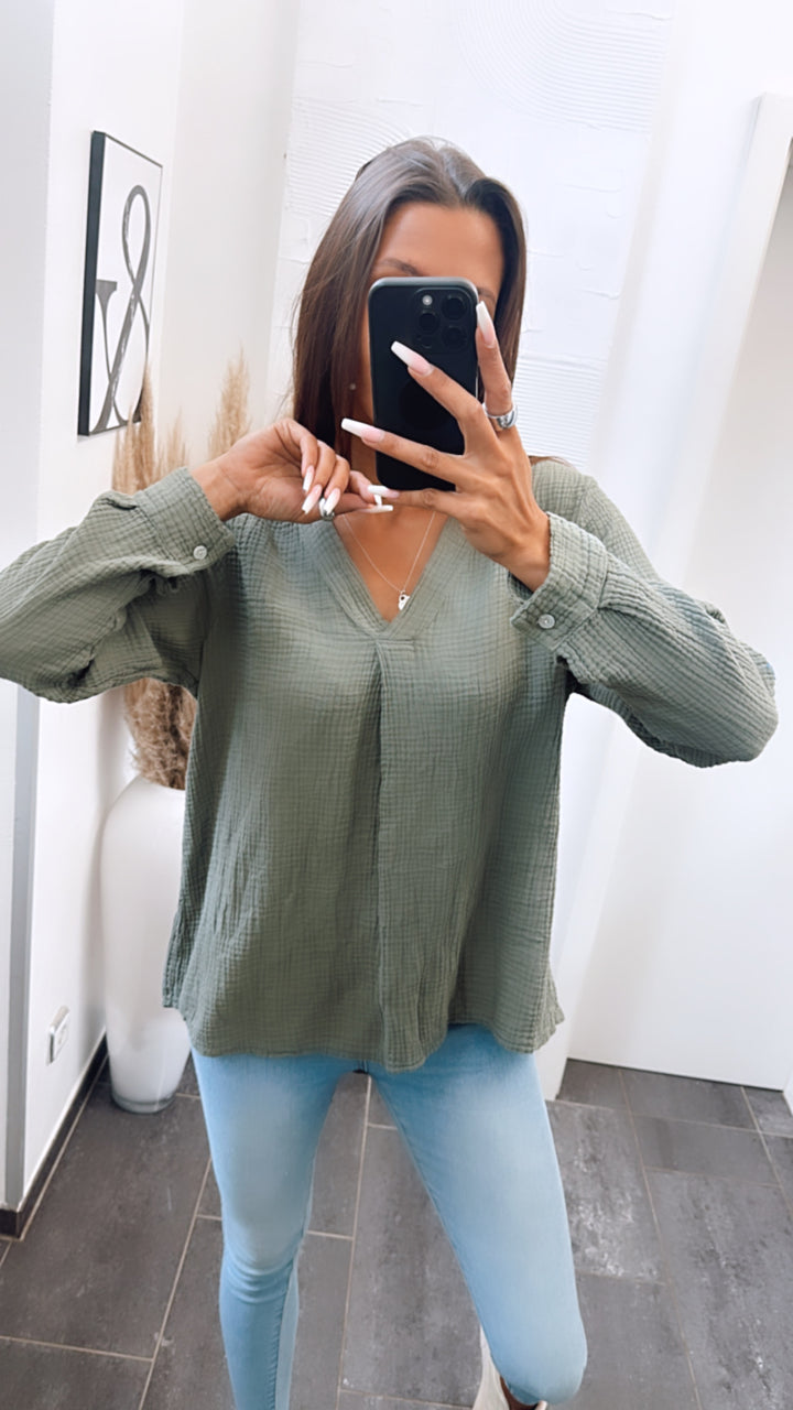 Musselin Bluse ohne Knöpfe / khaki Art. 6796