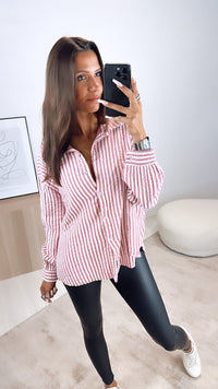 KURZE Oversize Musselin Bluse mit Streifen / weiss - dunkel rosa Art. 6799