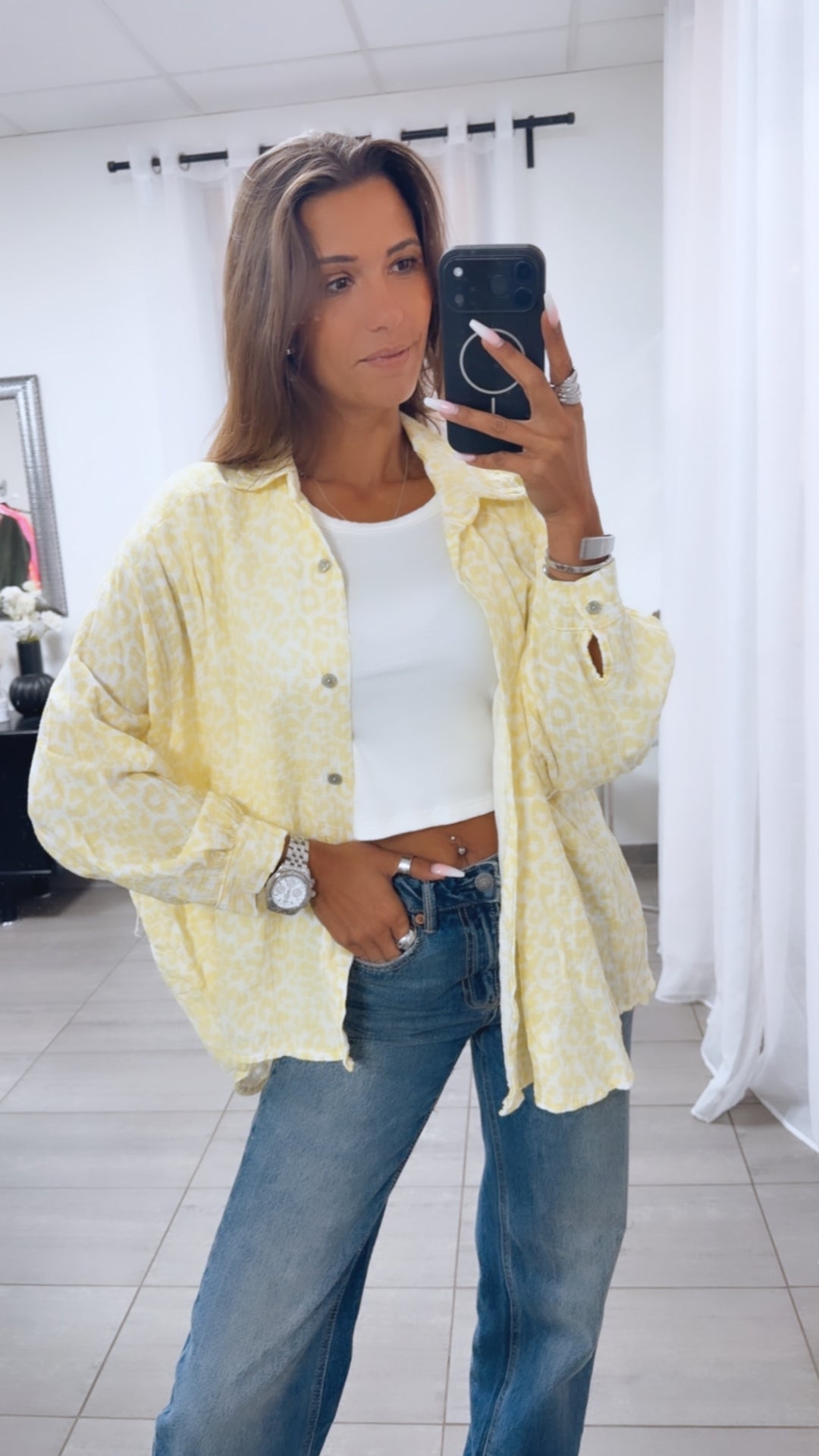 LEO KURZE Oversize Musselin Bluse / weiss - soft gelb Art. 15255