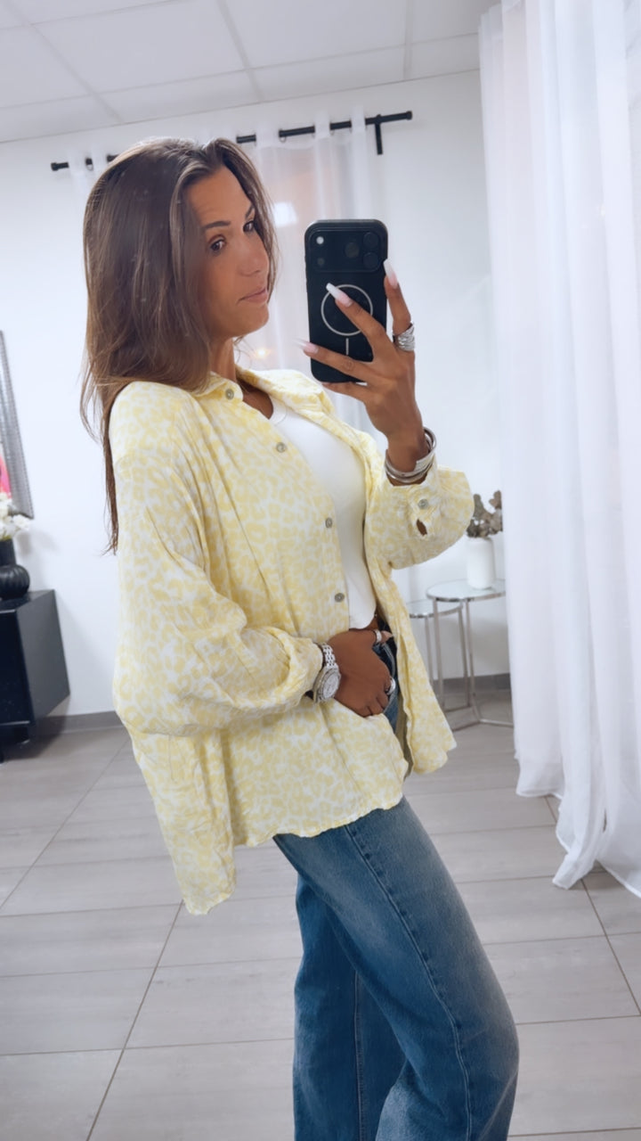 LEO KURZE Oversize Musselin Bluse / weiss - soft gelb Art. 15255