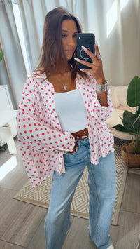 PUNKTE KURZE Oversize Musselin Bluse / weiss - pink Art. 15266