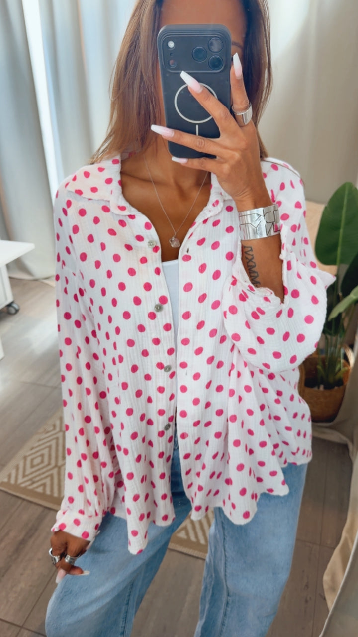PUNKTE KURZE Oversize Musselin Bluse / weiss - pink Art. 15266