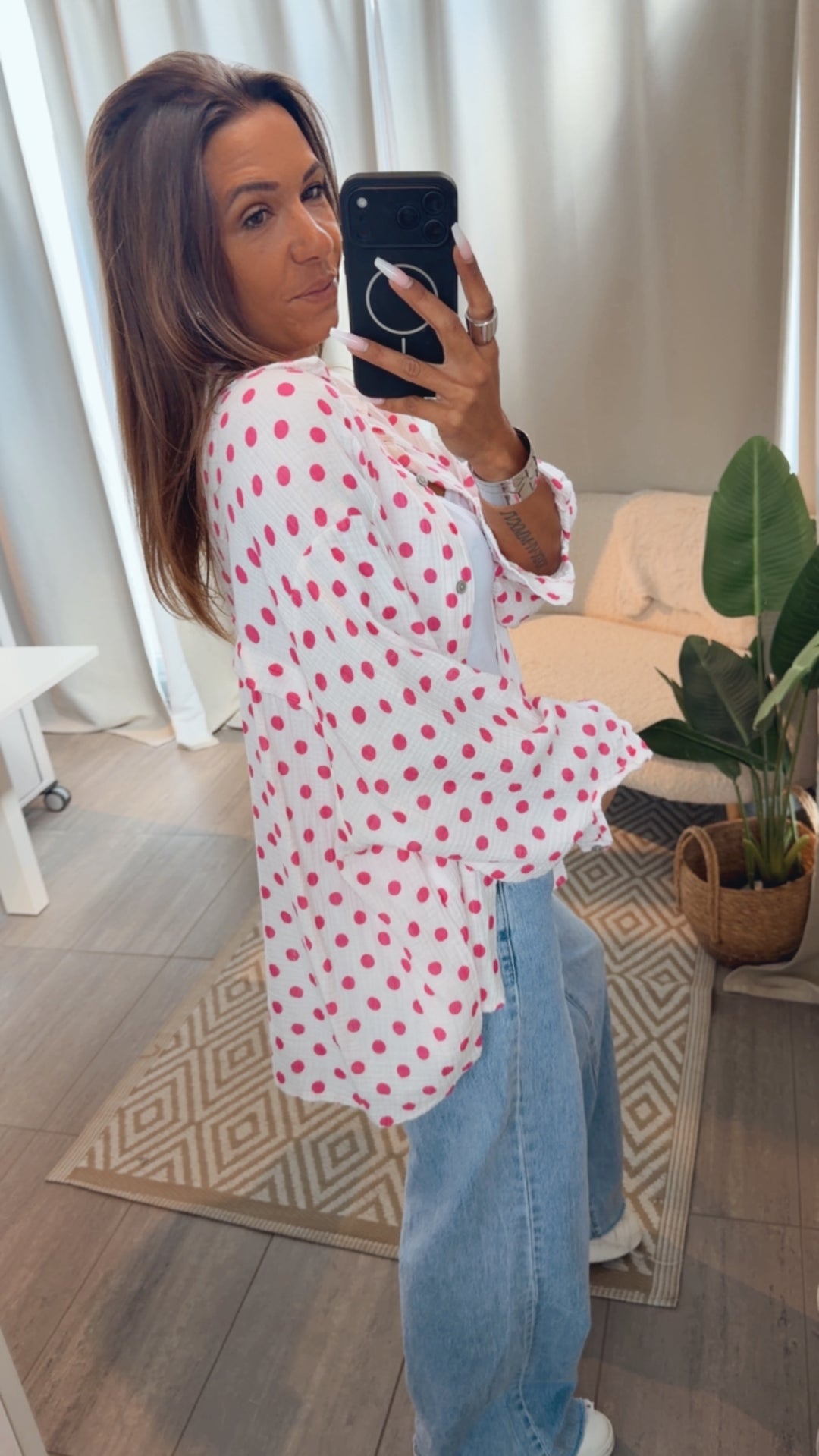 PUNKTE KURZE Oversize Musselin Bluse / weiss - pink Art. 15266