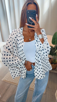 PUNKTE KURZE Oversize Musselin Bluse / weiss - marine blau Art. 15265
