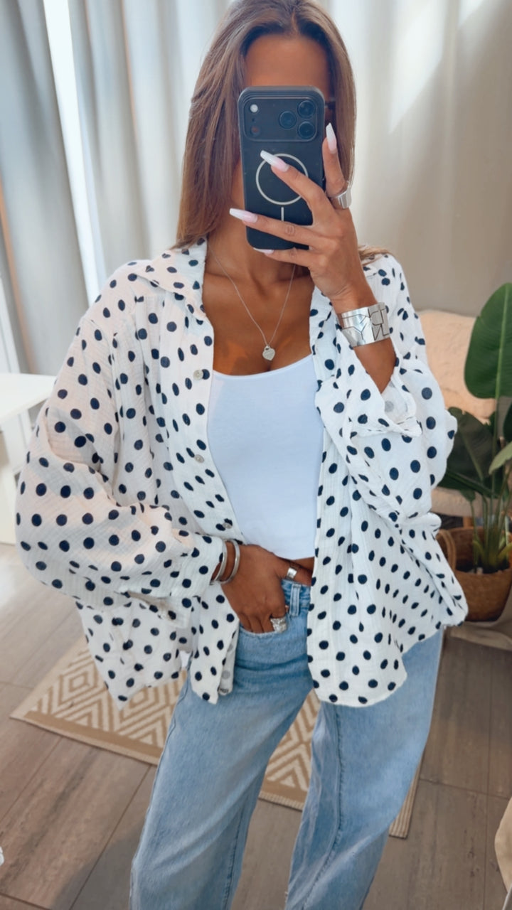 PUNKTE KURZE Oversize Musselin Bluse / weiss - marine blau Art. 15265