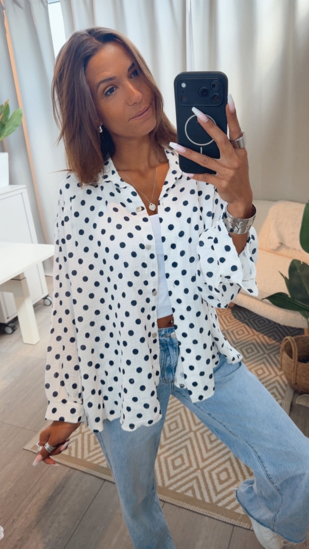 PUNKTE KURZE Oversize Musselin Bluse / weiss - marine blau Art. 15265