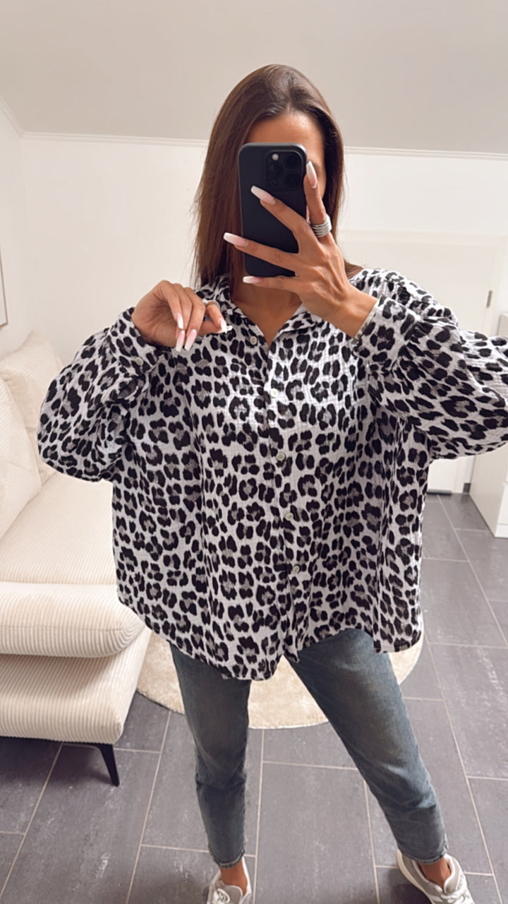 KURZE Oversize Musselin Bluse / Leo grau Art. 7002
