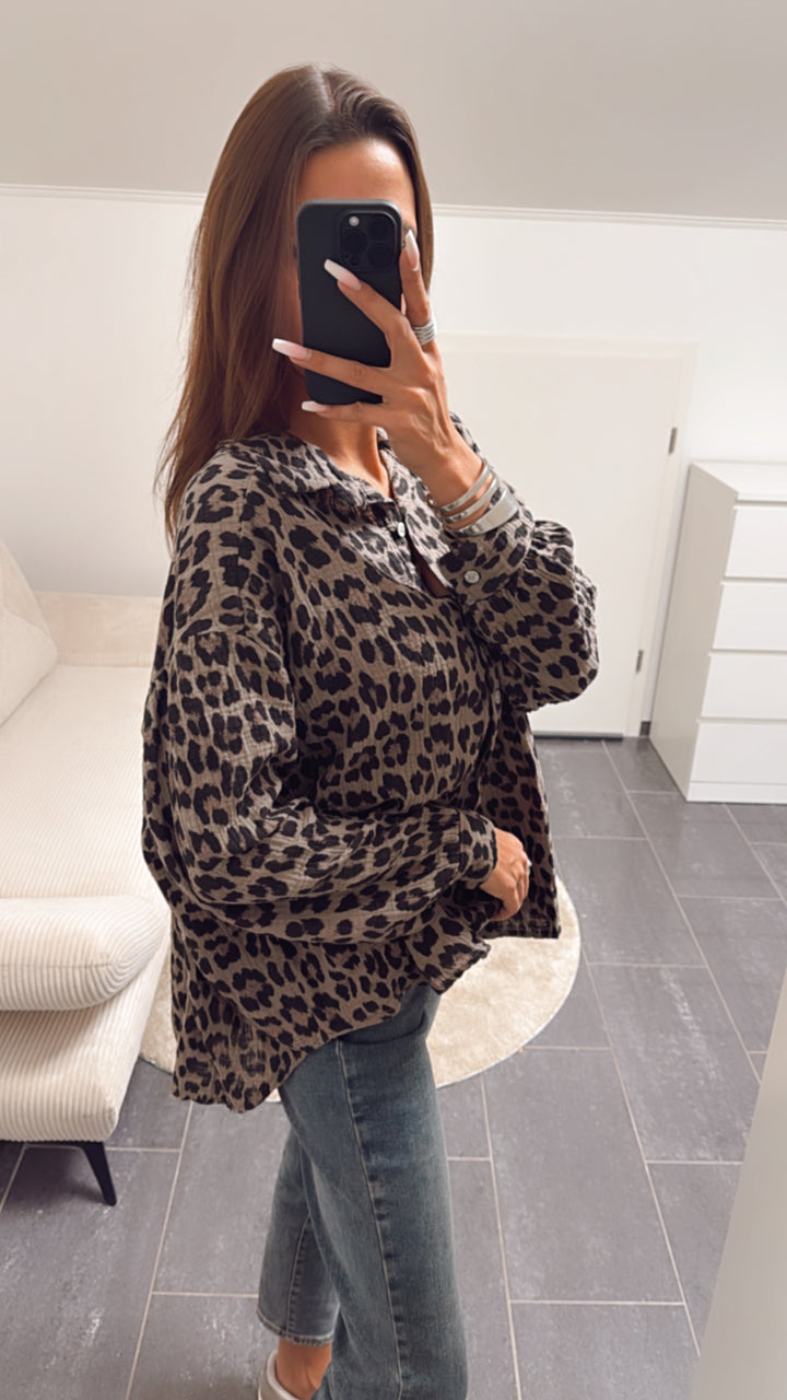 KURZE Oversize Musselin Bluse / Leo schlamm Art. 6128