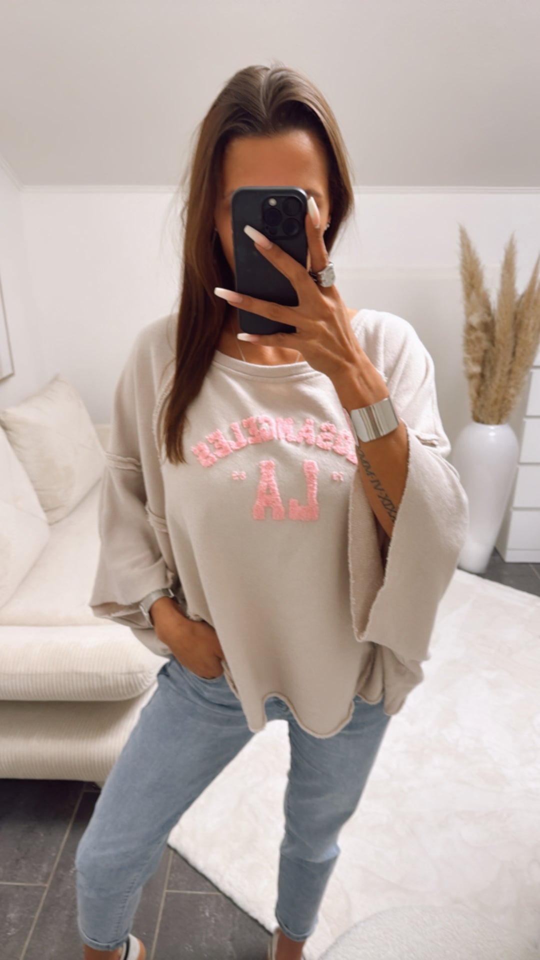 ULTRA oversize Pullover " LosAngeles LA ", kurze Fledermausärmel / beige - rosa Art. 9287