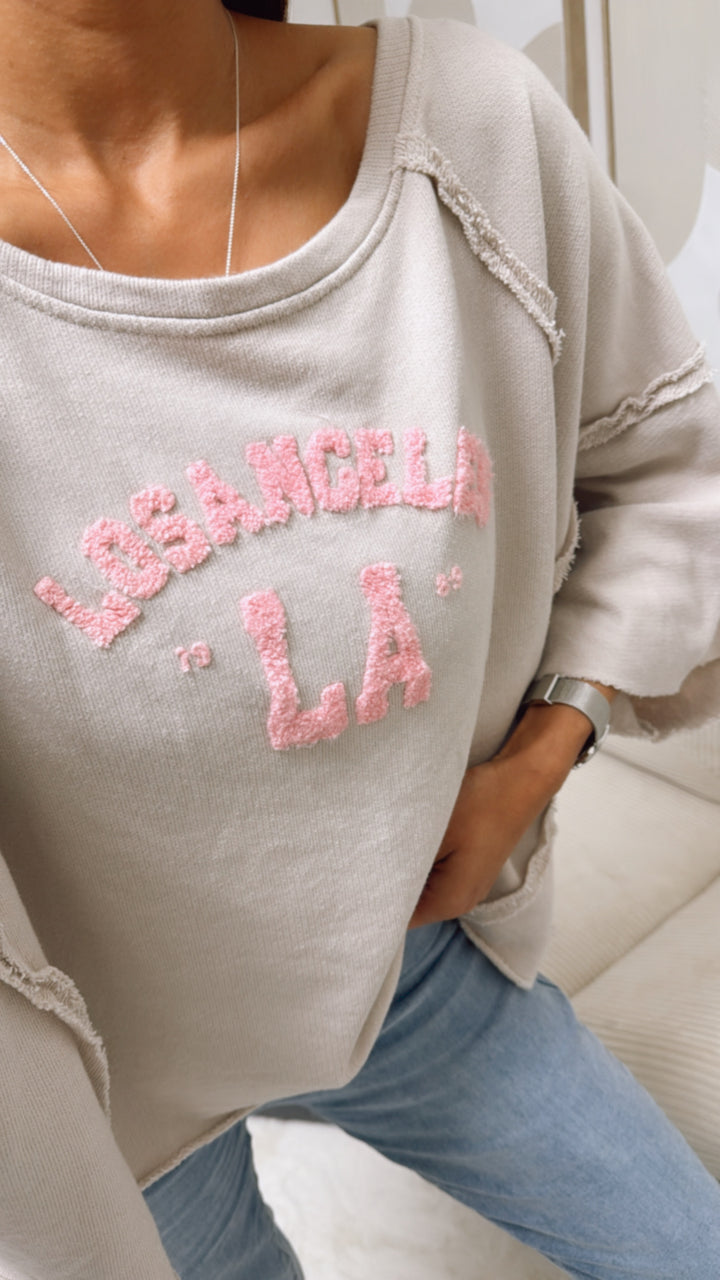 ULTRA oversize Pullover " LosAngeles LA ", kurze Fledermausärmel / beige - rosa Art. 9287