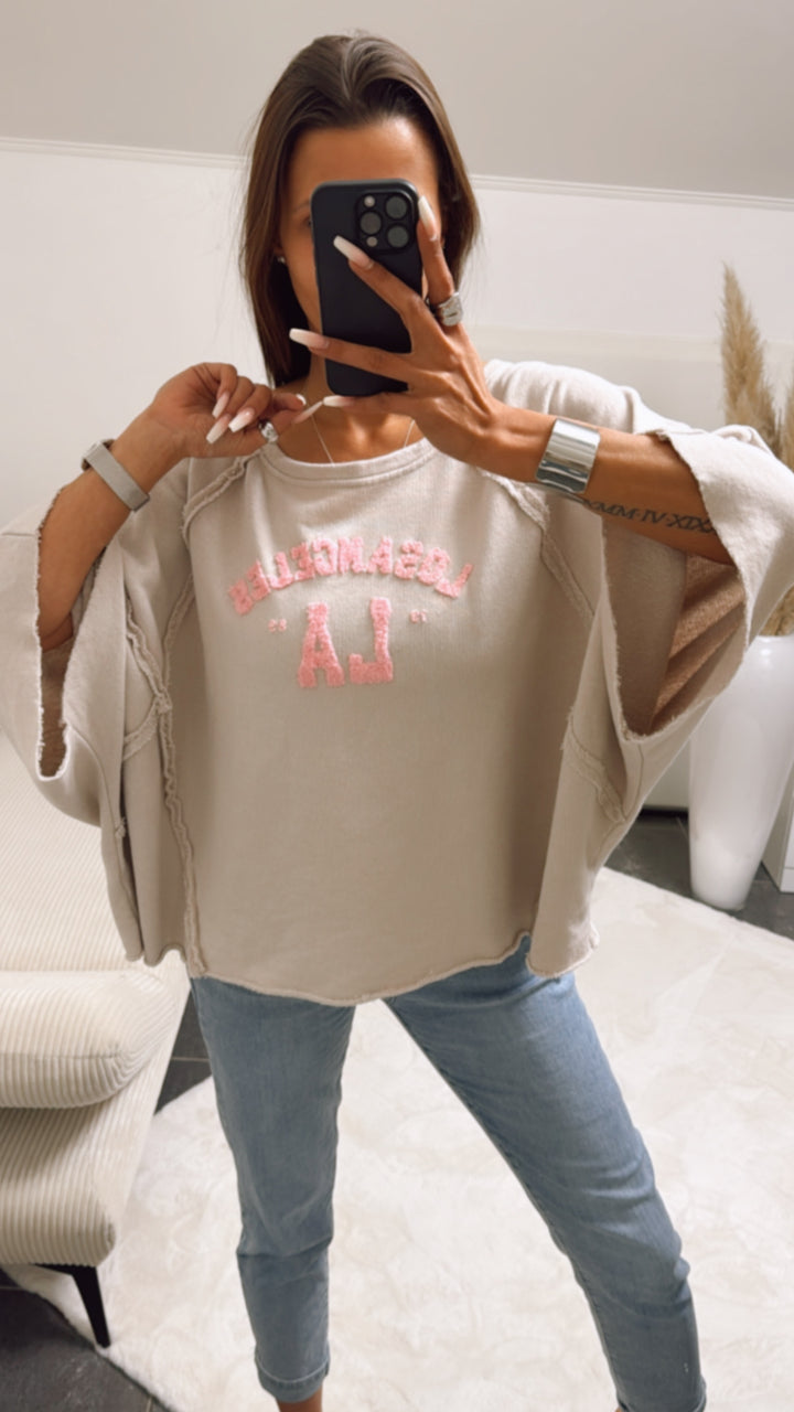 ULTRA oversize Pullover " LosAngeles LA ", kurze Fledermausärmel / beige - rosa Art. 9287
