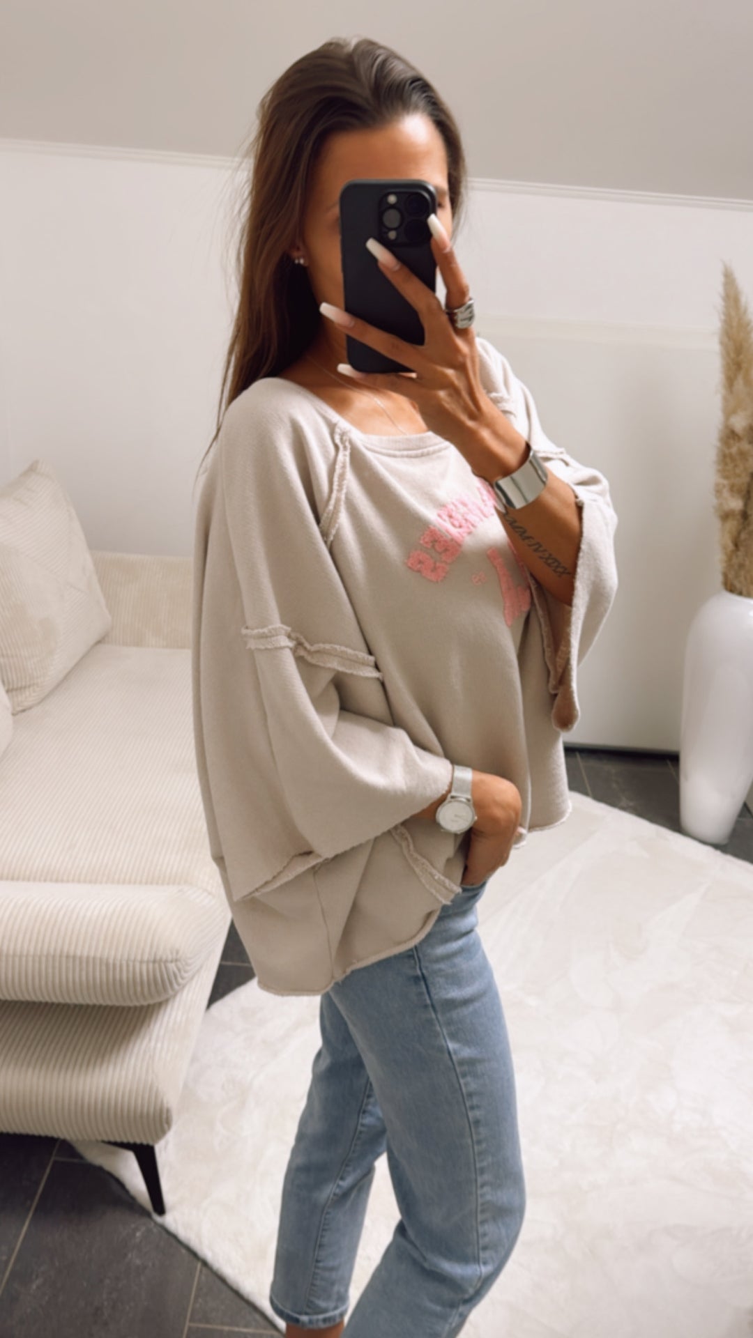 ULTRA oversize Pullover " LosAngeles LA ", kurze Fledermausärmel / beige - rosa Art. 9287