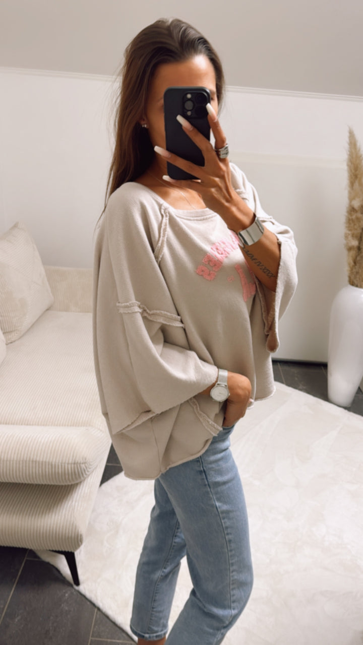 ULTRA oversize Pullover " LosAngeles LA ", kurze Fledermausärmel / beige - rosa Art. 9287