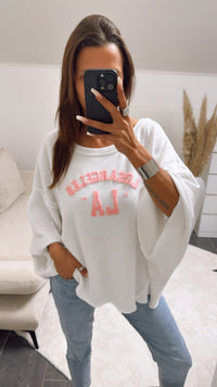 ULTRA oversize Pullover " LosAngeles LA ", kurze Fledermausärmel / weiss - rosa Art. 9288