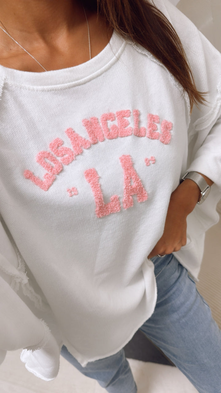ULTRA oversize Pullover " LosAngeles LA ", kurze Fledermausärmel / weiss - rosa Art. 9288