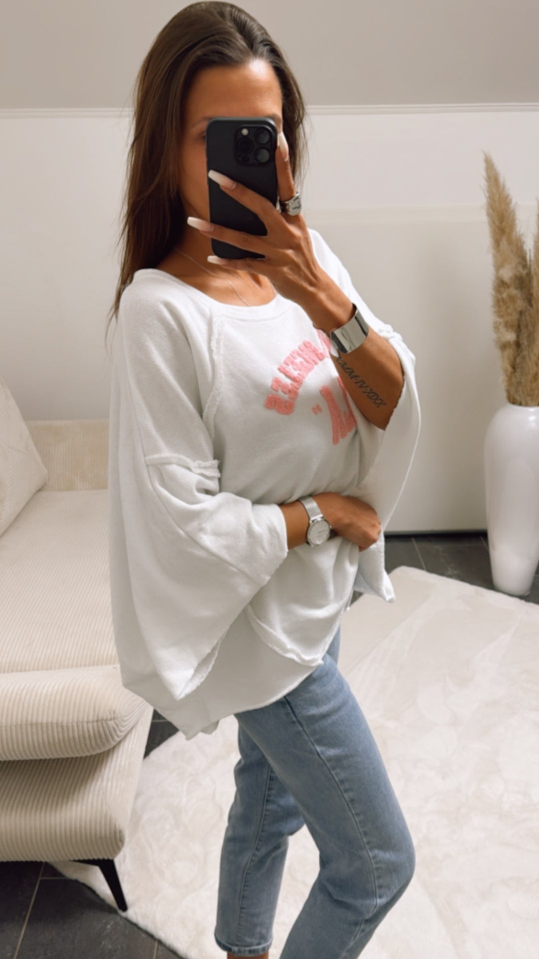 ULTRA oversize Pullover " LosAngeles LA ", kurze Fledermausärmel / weiss - rosa Art. 9288
