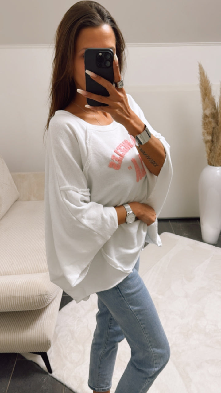 ULTRA oversize Pullover " LosAngeles LA ", kurze Fledermausärmel / weiss - rosa Art. 9288