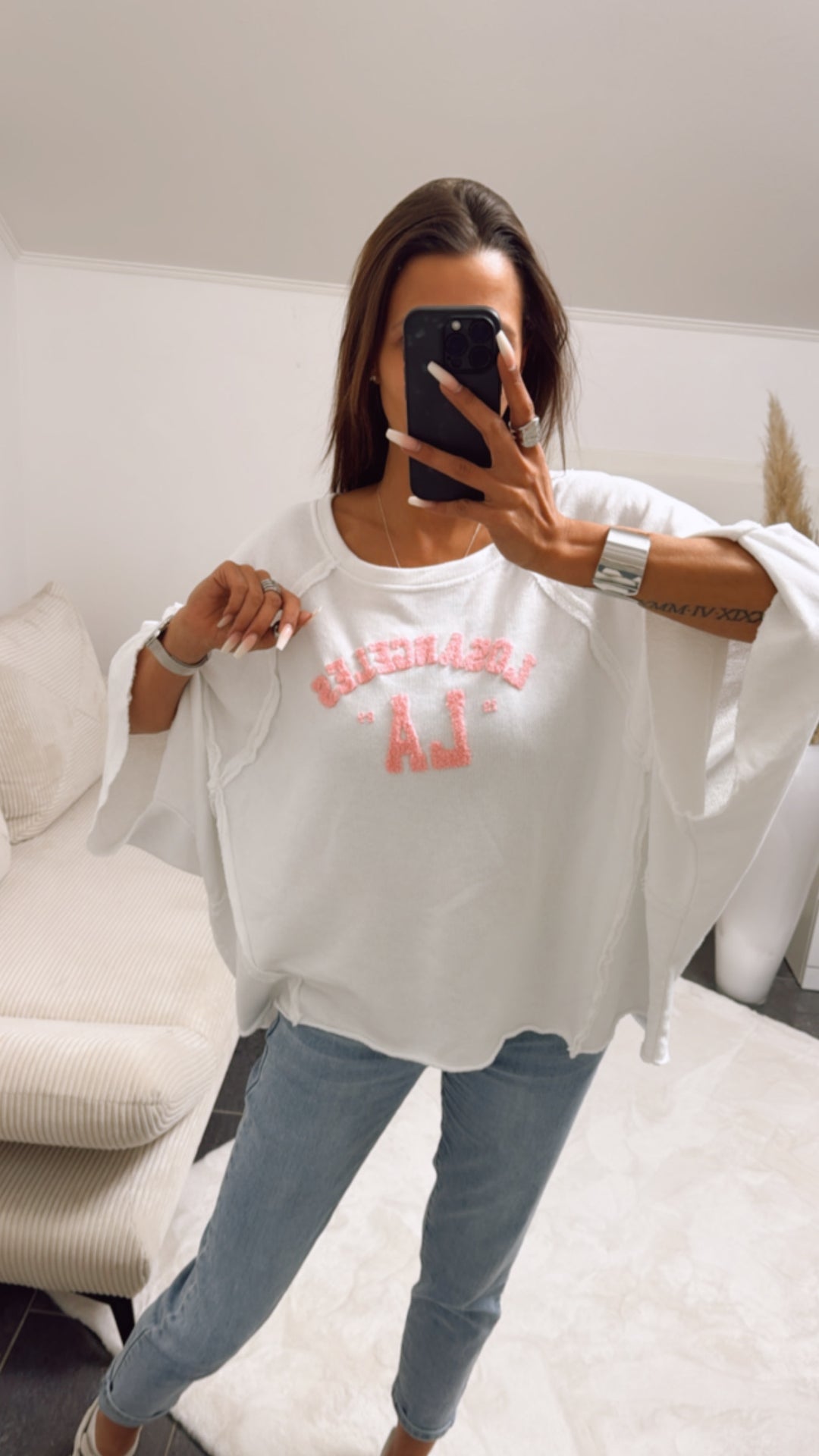 ULTRA oversize Pullover " LosAngeles LA ", kurze Fledermausärmel / weiss - rosa Art. 9288
