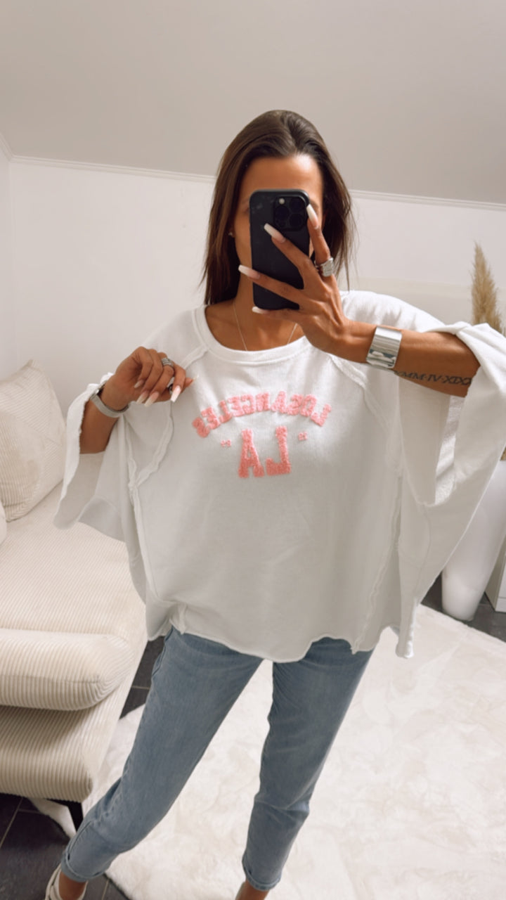 ULTRA oversize Pullover " LosAngeles LA ", kurze Fledermausärmel / weiss - rosa Art. 9288