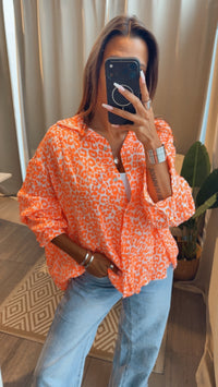 LEO KURZE Oversize Musselin Bluse / weiss - orange Art. 15253