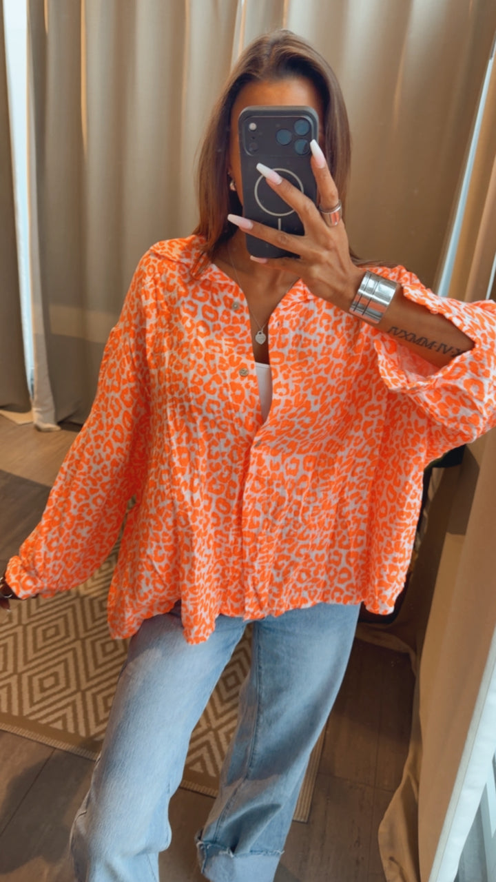 LEO KURZE Oversize Musselin Bluse / weiss - orange Art. 15253