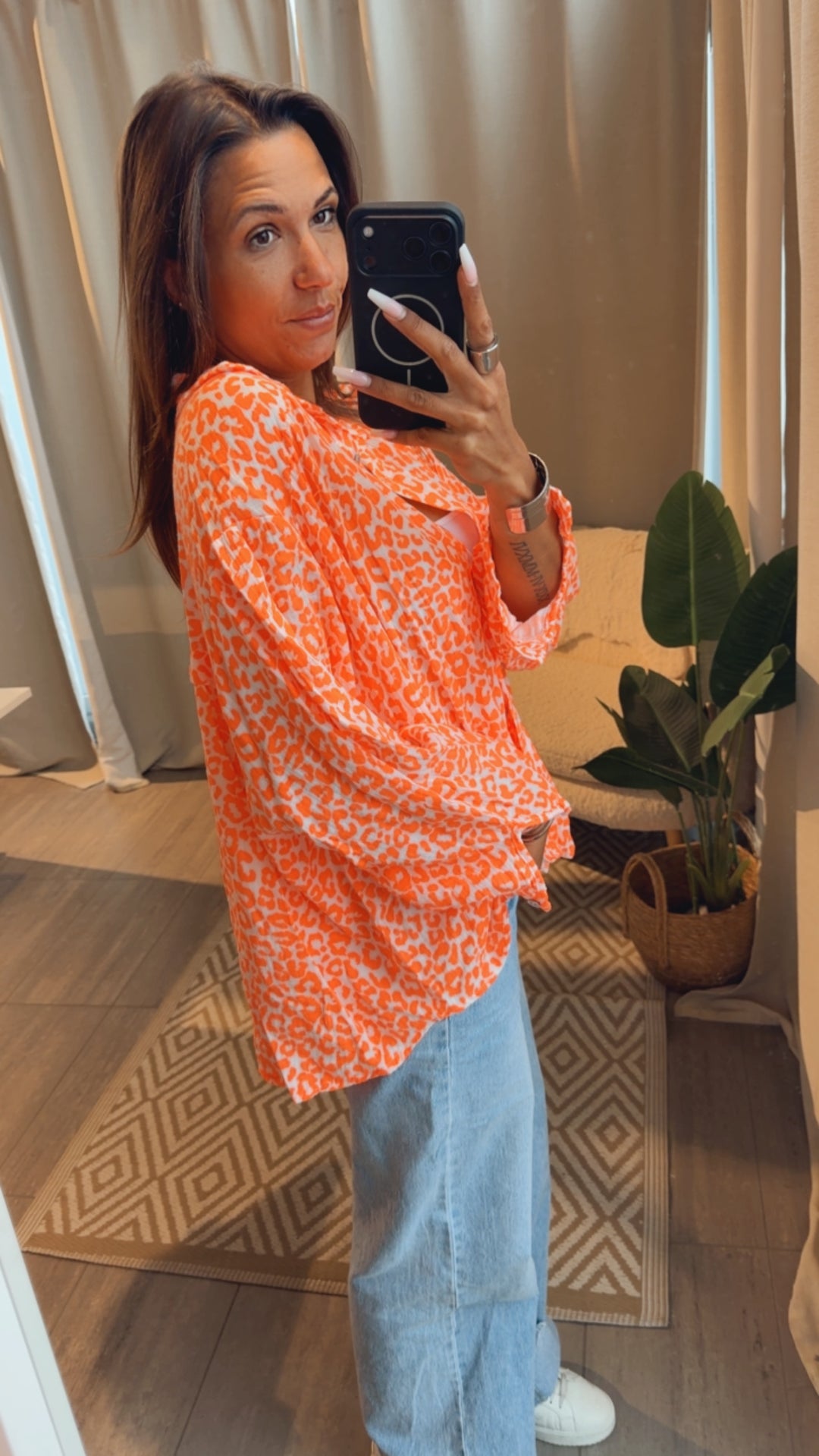 LEO KURZE Oversize Musselin Bluse / weiss - orange Art. 15253