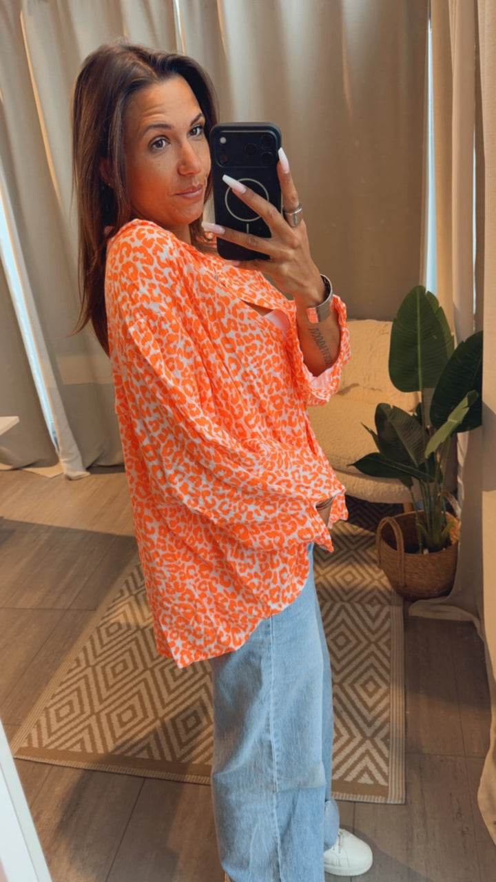 LEO KURZE Oversize Musselin Bluse / weiss - orange Art. 15253