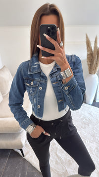 Crop Jeansjacke mit used - Elementen / mittel blau Art. 5744