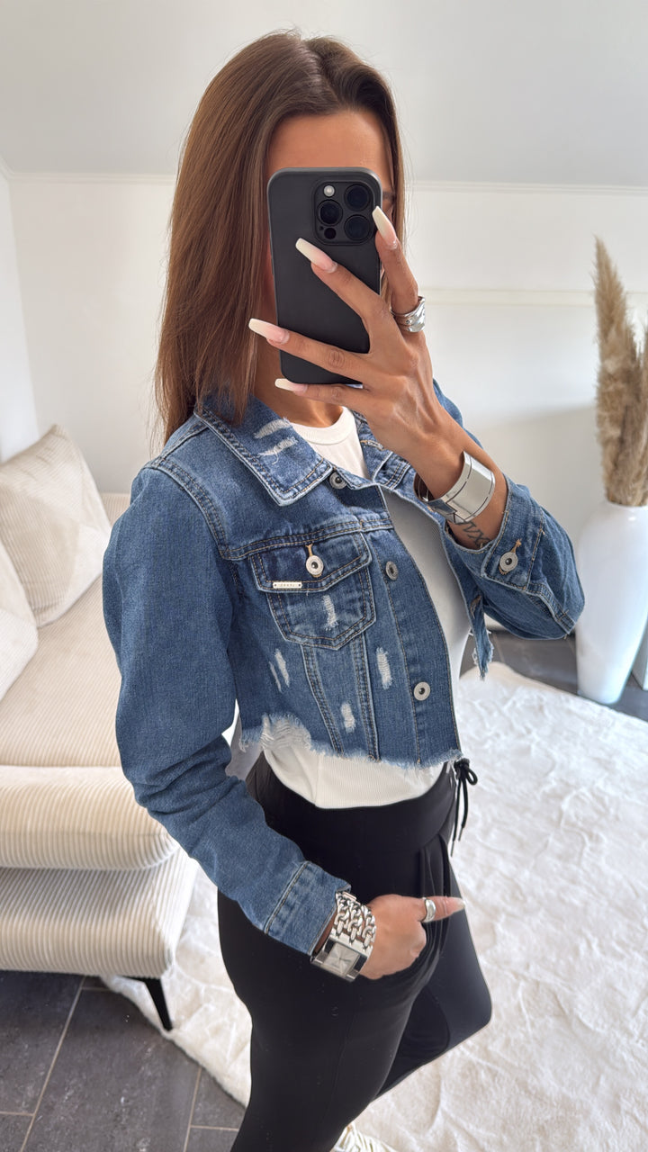 Crop Jeansjacke mit used - Elementen / mittel blau Art. 5744