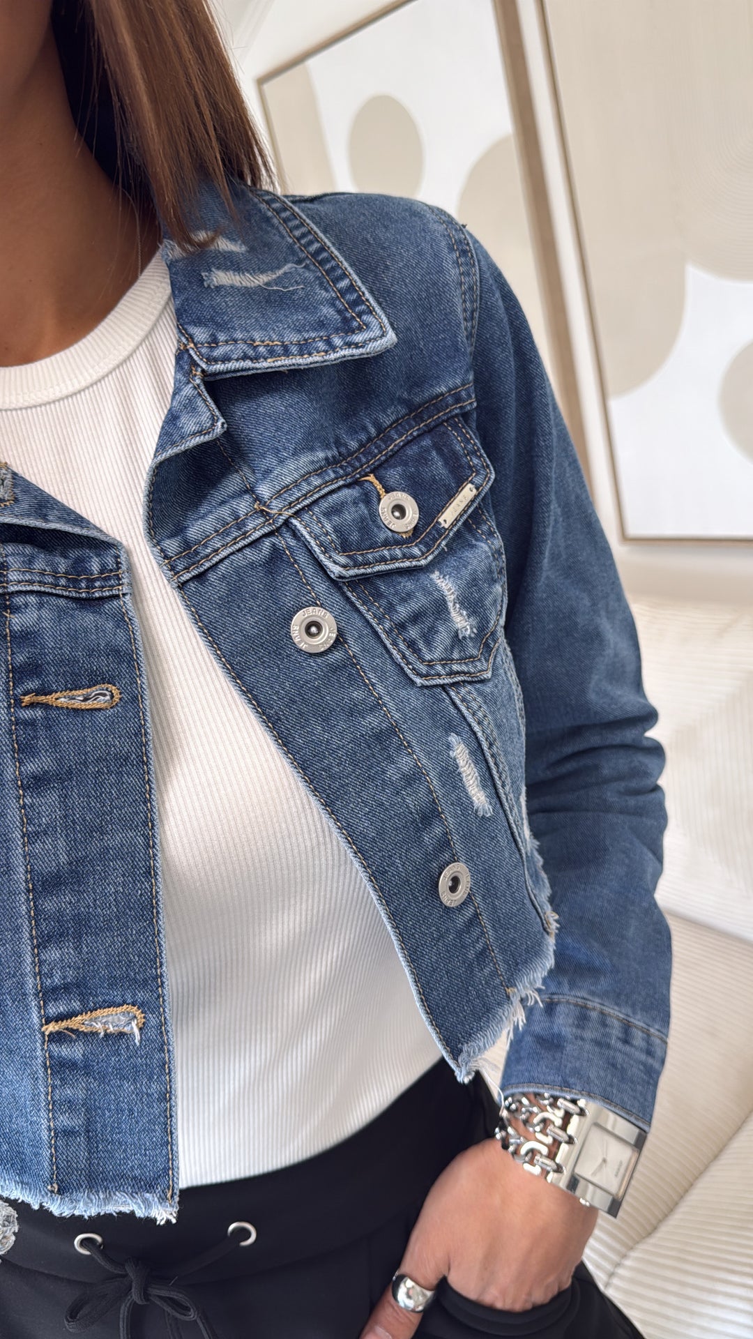 Crop Jeansjacke mit used - Elementen / mittel blau Art. 5744