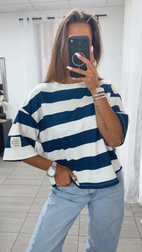 STREIFEN Butterstoff oversize T-shirt mit Patch / weiss - dunkel blau Art. 15332