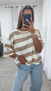 STREIFEN Butterstoff oversize T-shirt mit Patch / creme - light cappuccino Art. 15334