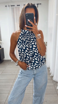 ETHNO LEO Look ärmelloses Top / marine blau - weiss Art. 15347
