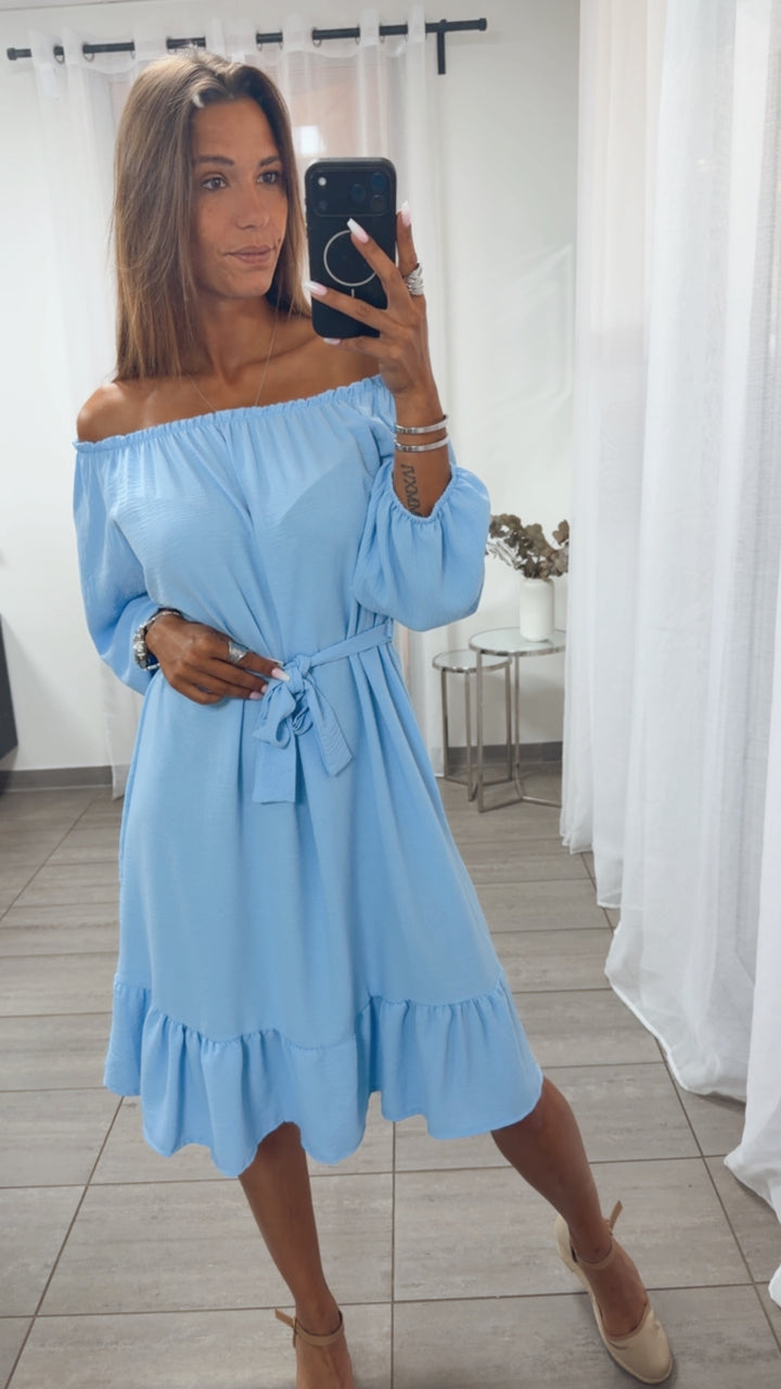 MIDI Off Shoulder Kleid mit Bindegürtel / hell blau Art. 15349