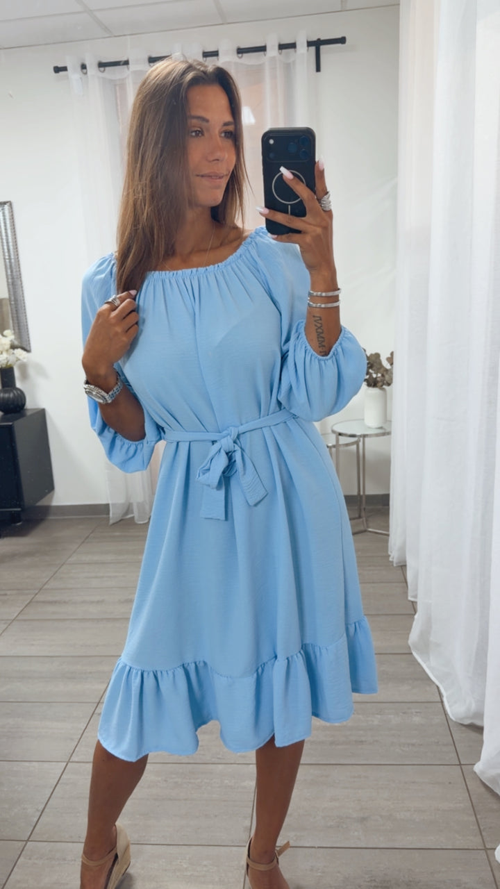 MIDI Off Shoulder Kleid mit Bindegürtel / hell blau Art. 15349