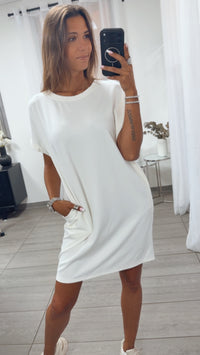 KURZES Butterstoff T-Shirt Kleid mit Taschen / weiss Art. 15269