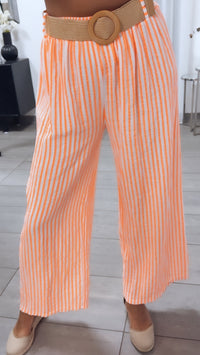 STREIFEN Musselin Hose mit Gürtel / weiss - neon orange Art. 15231