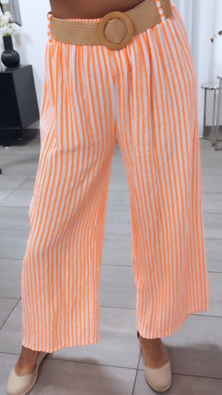 STREIFEN Musselin Hose mit Gürtel / weiss - neon orange Art. 15231
