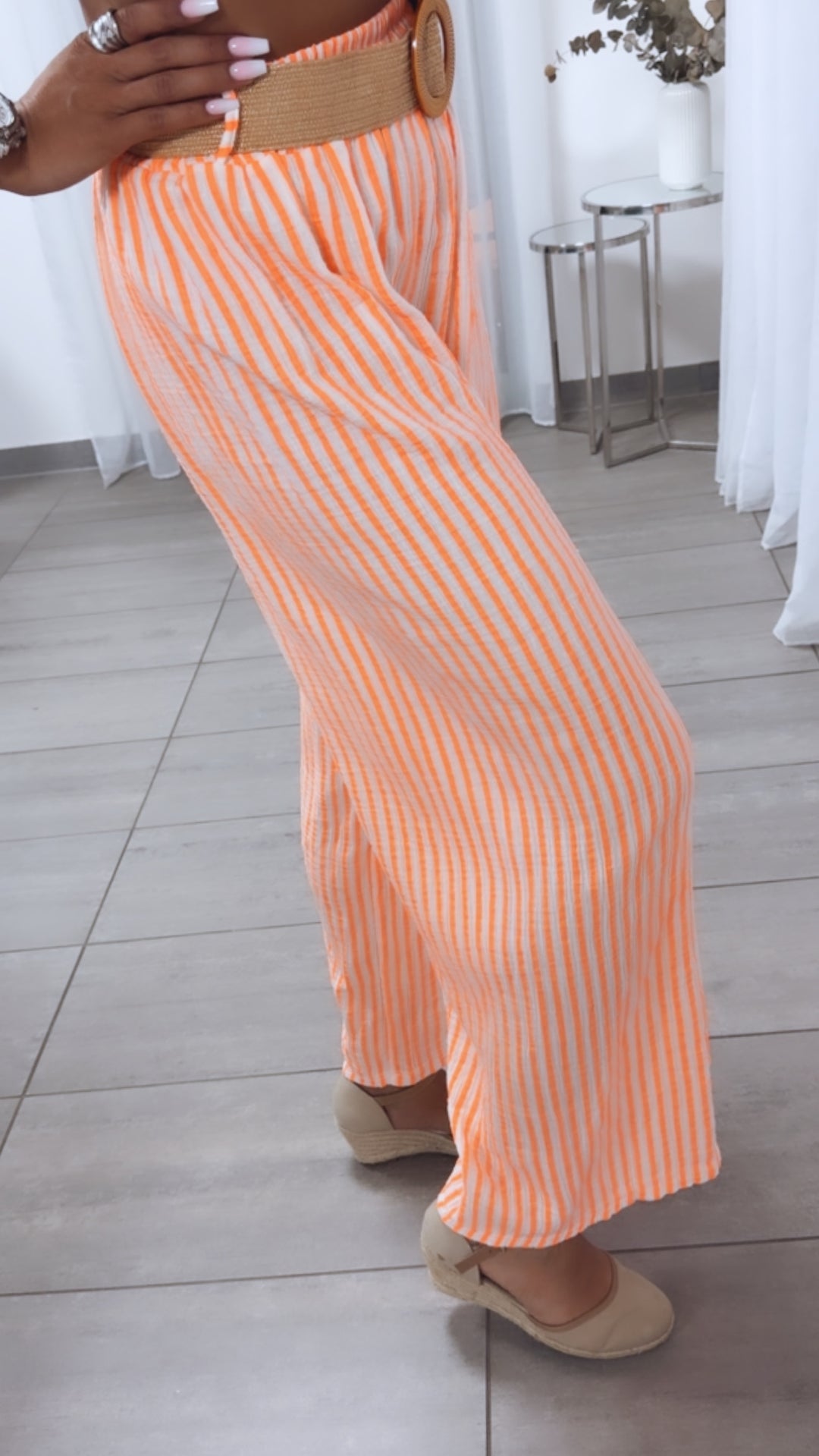 STREIFEN Musselin Hose mit Gürtel / weiss - neon orange Art. 15231