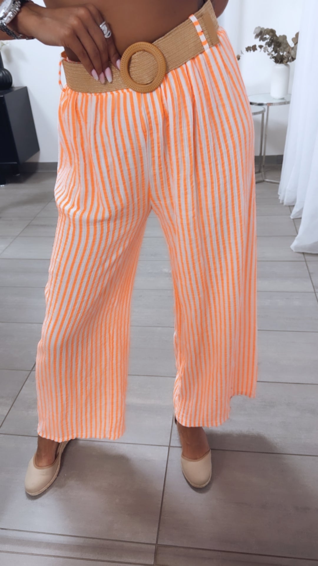 STREIFEN Musselin Hose mit Gürtel / weiss - neon orange Art. 15231