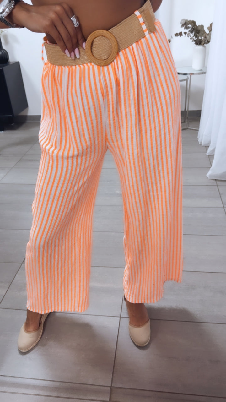 STREIFEN Musselin Hose mit Gürtel / weiss - neon orange Art. 15231