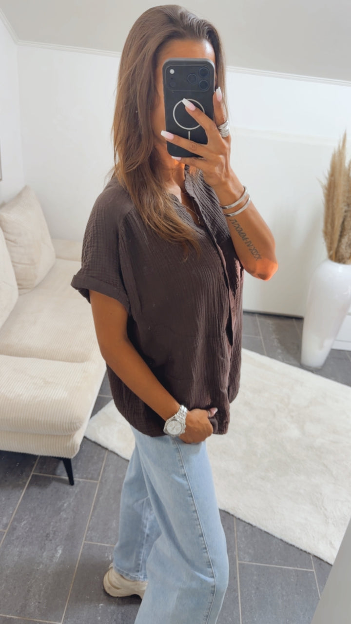 Musselin Shirt mit Knopfleiste, OHNE Kragen / braun Art. 15379